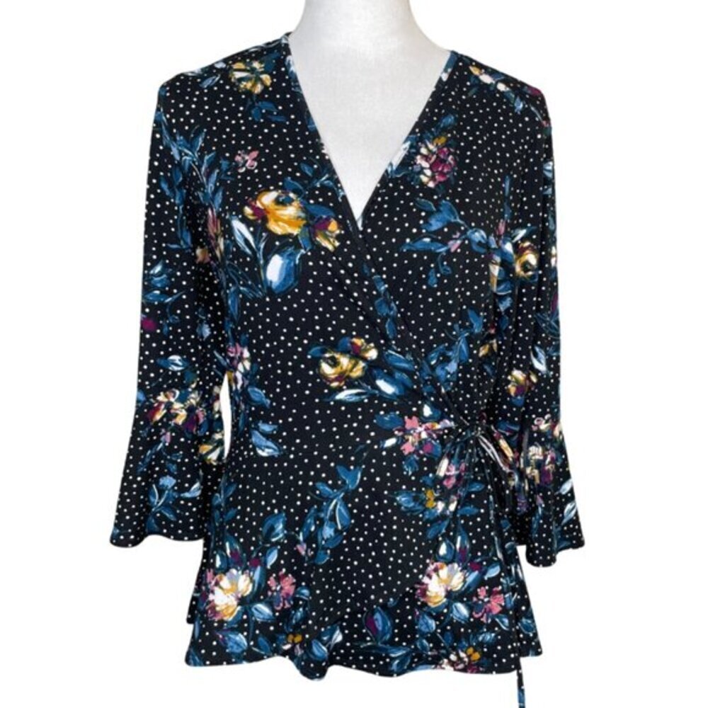 BCX Women's Faux-Wrap Polka Dot Peplum 3/4 Bell Sleeves Top Sz L